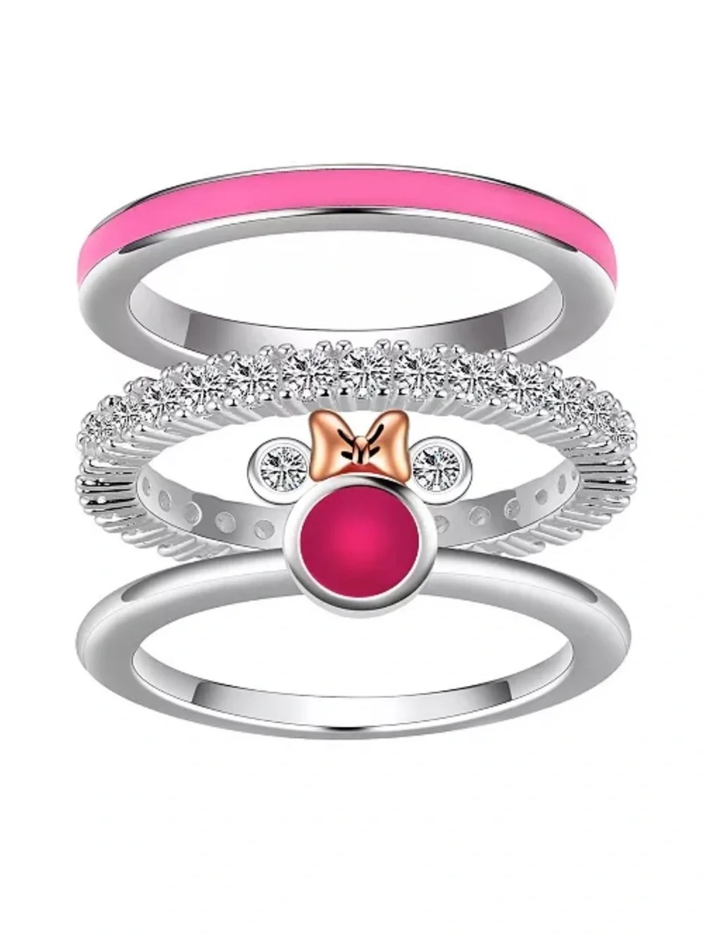 Unwritten Disney Cubic Zirconia Pink Enamel Minnie Mouse Ring Set